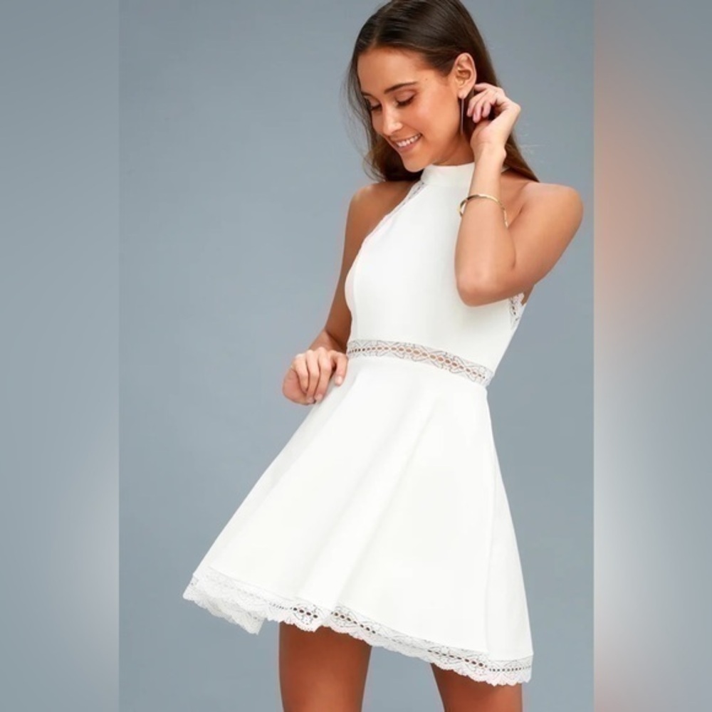 Lulu's White Reach Out My Hand Skater Mini Dress Sz Small w/Lace Trim
